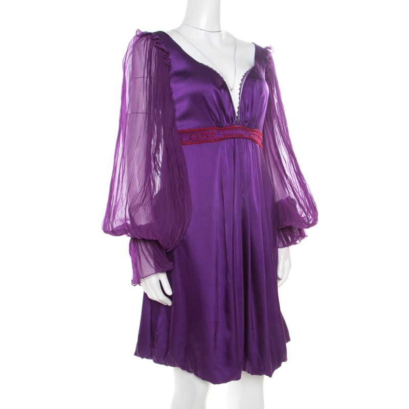 Class By Roberto Cavalli Purple Satin Embroidered Waist Detail Plunge Neck Dress M