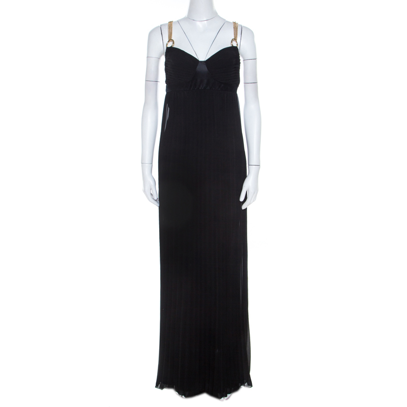 Image of Class By Roberto Cavalli Black Pleated Chiffon Gold Chain Strap Detail Maxi Dress M