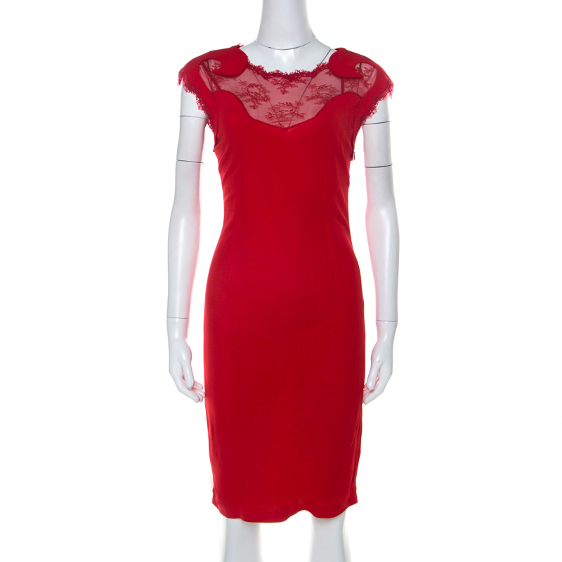 Class By Roberto Cavalli Red Lace Insert Detail Sleeveless Dress M