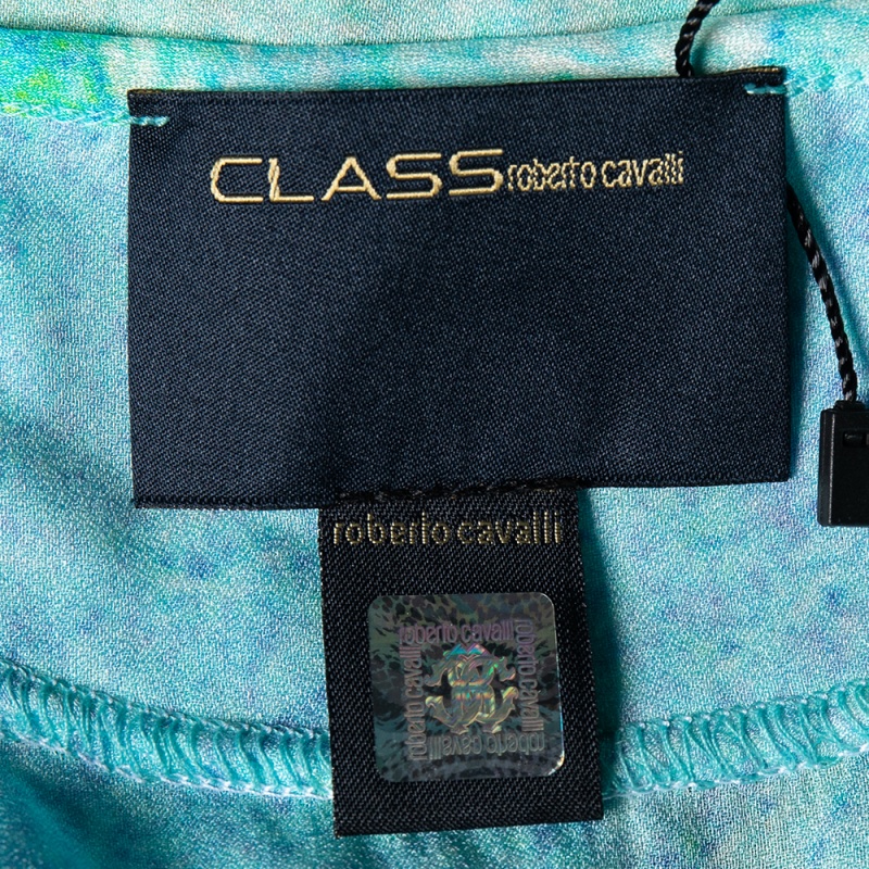 Class By Roberto Cavalli Blue Printed Silk Rib Knit Trim Detailed Top L