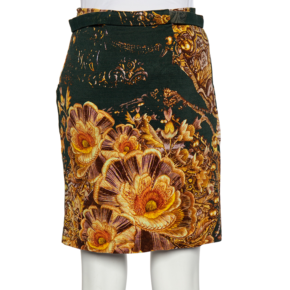 Class By Roberto Cavalli Green Printed Knit Draped Short Skirt S