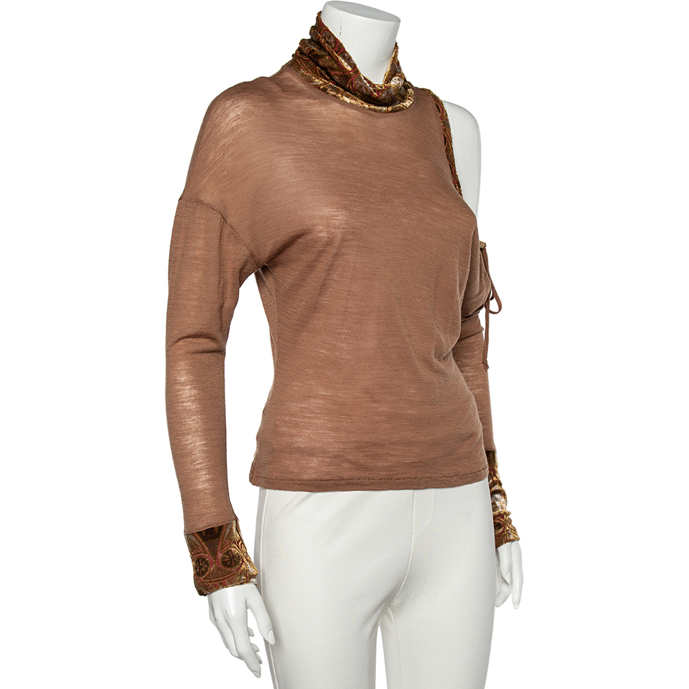 

Class by Roberto Cavalli Brown Wool Knit Contrast Trim Cold Shoulder Detail Top