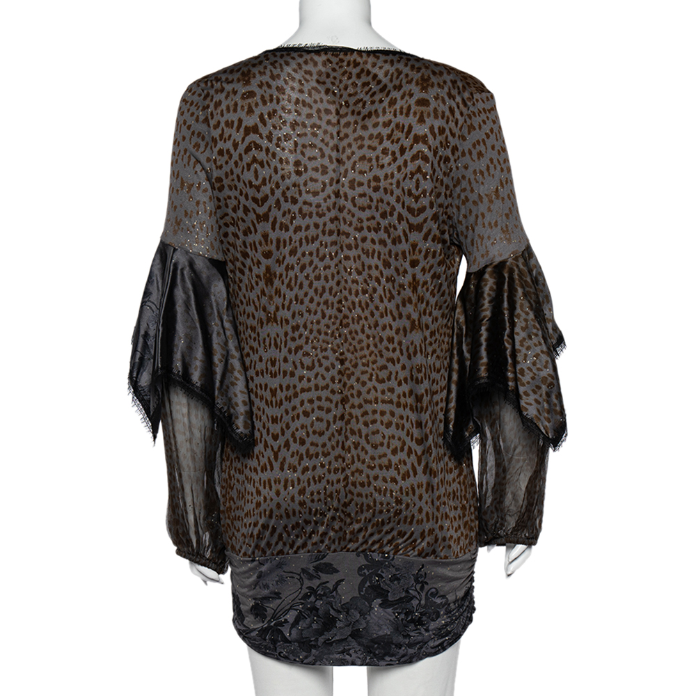 Class By Roberto Cavalli Grey Printed Jersey Overlay Sleeve Detailed Top L