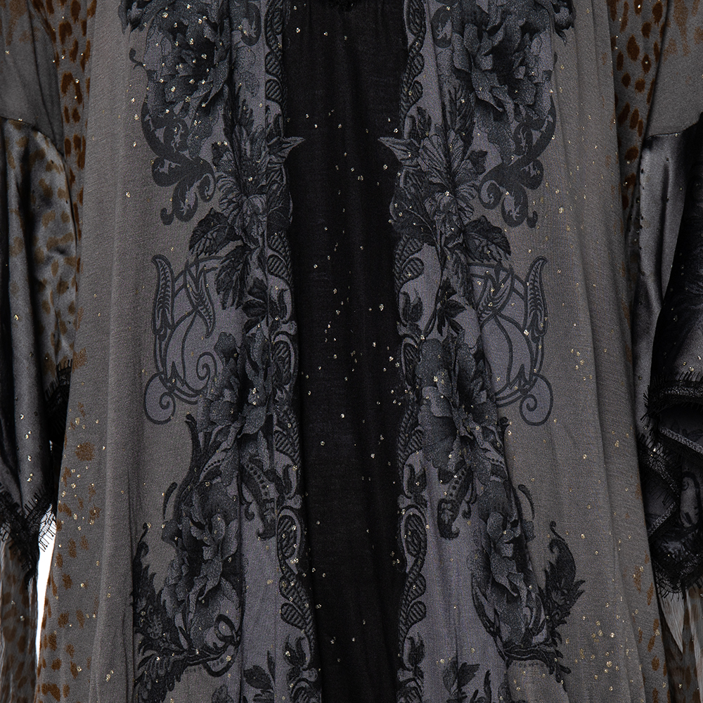 Class By Roberto Cavalli Grey Printed Jersey Overlay Sleeve Detailed Top L