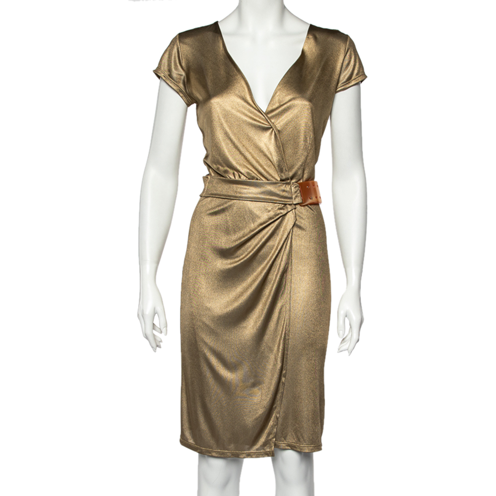 Class by roberto cavalli gold metallic belt detail faux wrap dress m