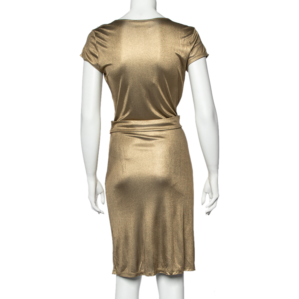 Class By Roberto Cavalli Gold Metallic Belt Detail Faux Wrap Dress M