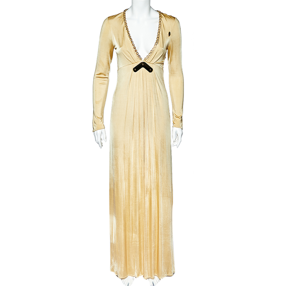 Class By Roberto Cavalli Cream Metal Embellished Jersey Open Back Maxi Dress L
