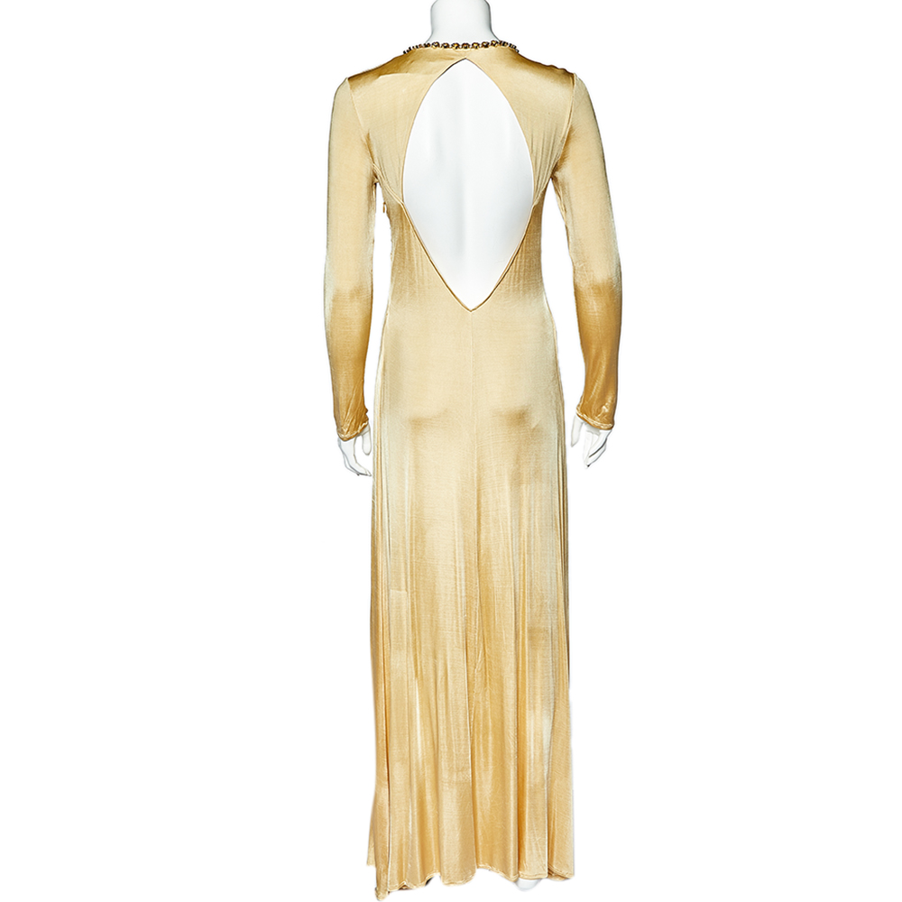 Class By Roberto Cavalli Cream Metal Embellished Jersey Open Back Maxi Dress L