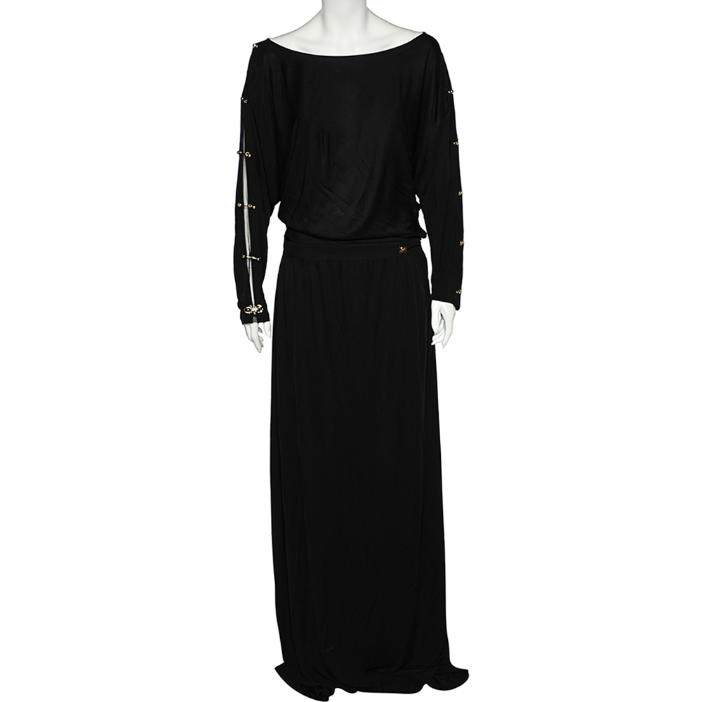 Class By Roberto Cavalli Black Jersey Metal Link Detail Maxi Dress L