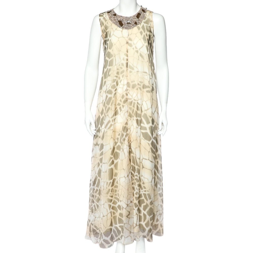 Class By Roberto Cavalli Beige Printed Silk Chiffon Embellished Neck Detail Sleeveless Dress M