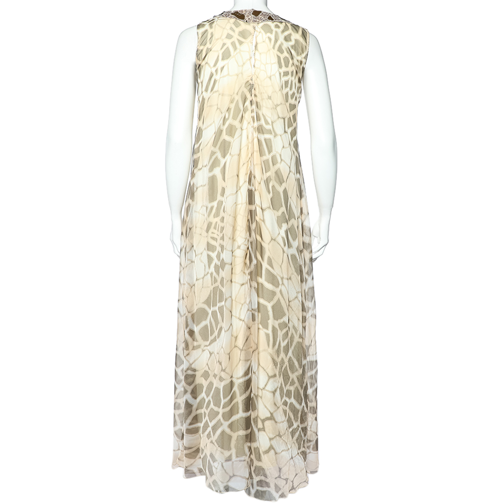 Class By Roberto Cavalli Beige Printed Silk Chiffon Embellished Neck Detail Sleeveless Dress M