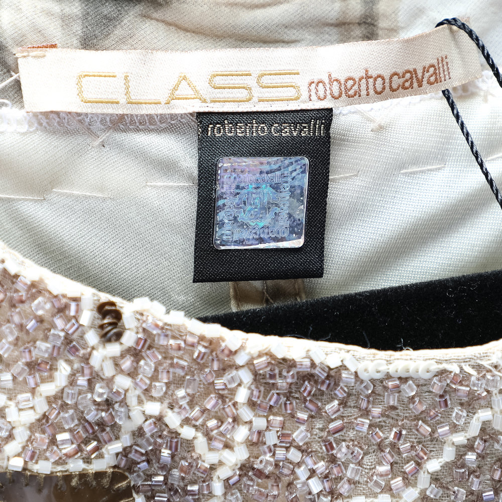 Class By Roberto Cavalli Beige Printed Silk Chiffon Embellished Neck Detail Sleeveless Dress M