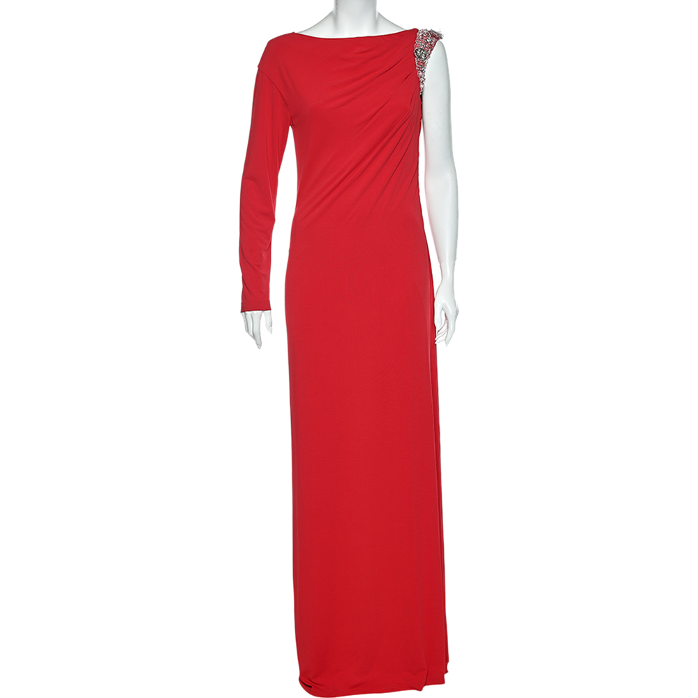 Class by roberto cavalli coral red jersey draped detail maxi dress l