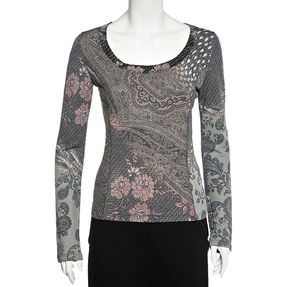 Class by roberto cavalli multicolor paisley print knit scoop neck top m