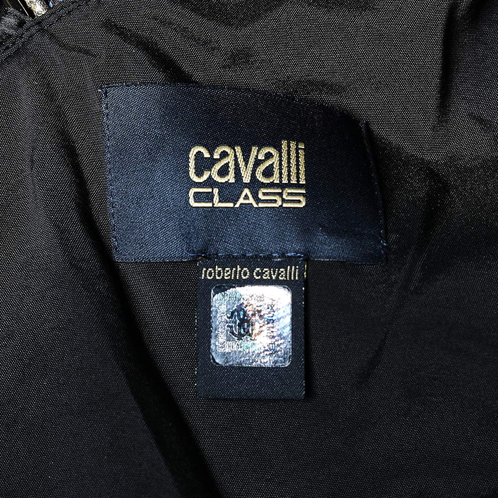 Cavalli Class Black Printed Satin Flared Sleeve Maxi Dress L