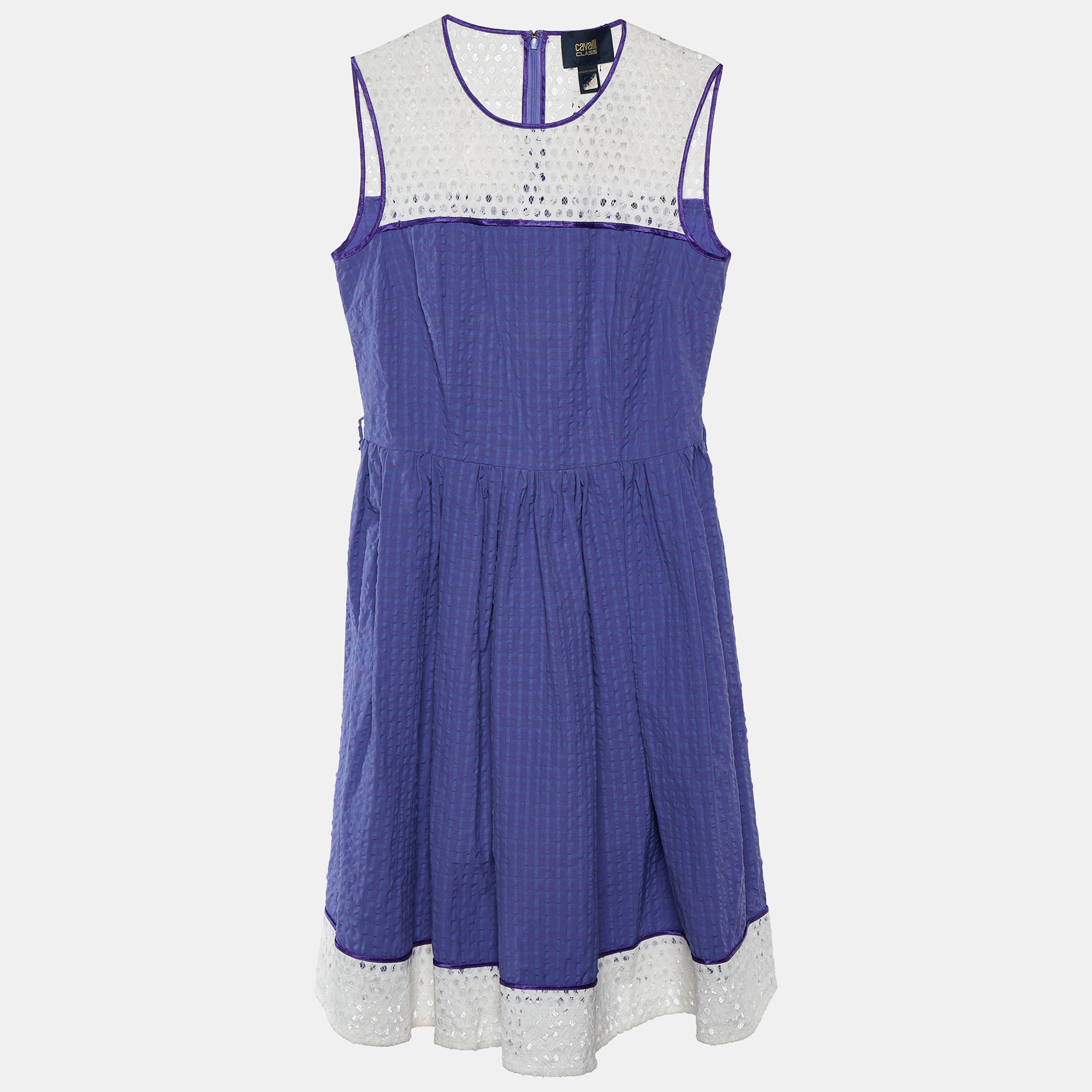 Cavalli Class Purple Seersucker Cotton & Lace Sleeveless Dress M