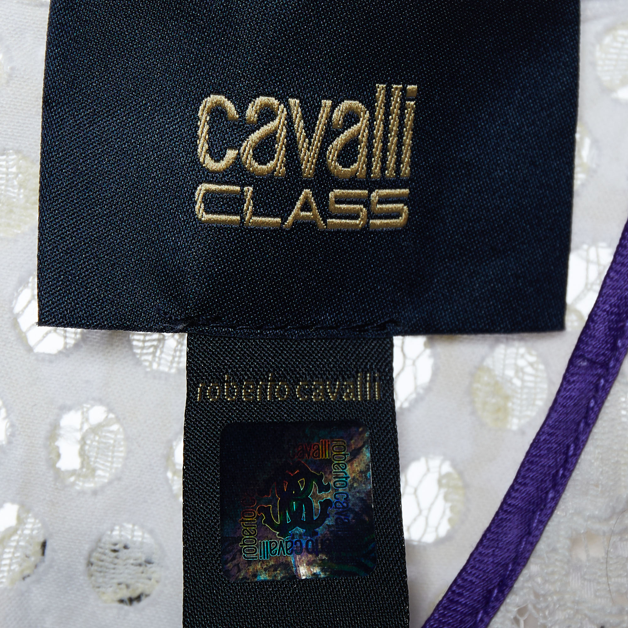 Cavalli Class Purple Seersucker Cotton & Lace Sleeveless Dress M