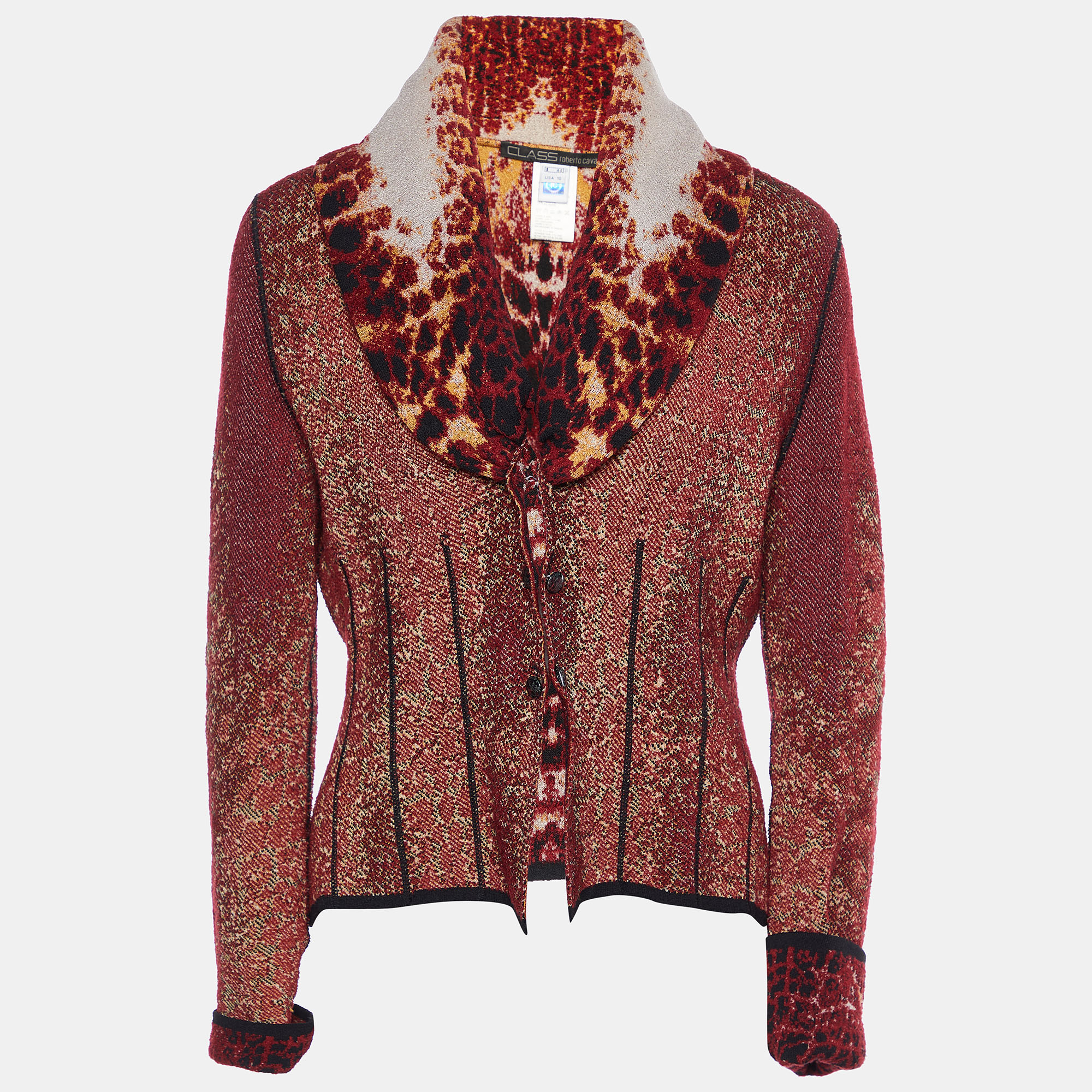 Class By Roberto Cavalli Red Animal Pattern Knit Button Front Jacket M