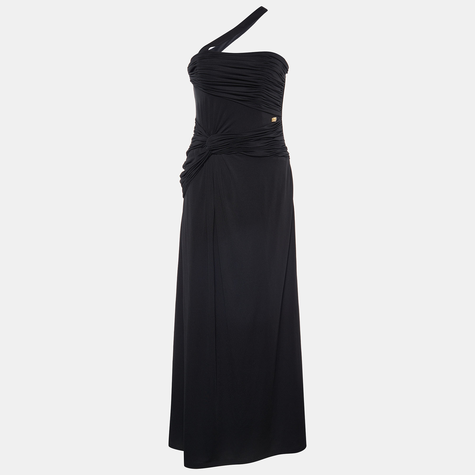 Class By Roberto Cavalli Black Jersey Ruched One Shoulder Gown M