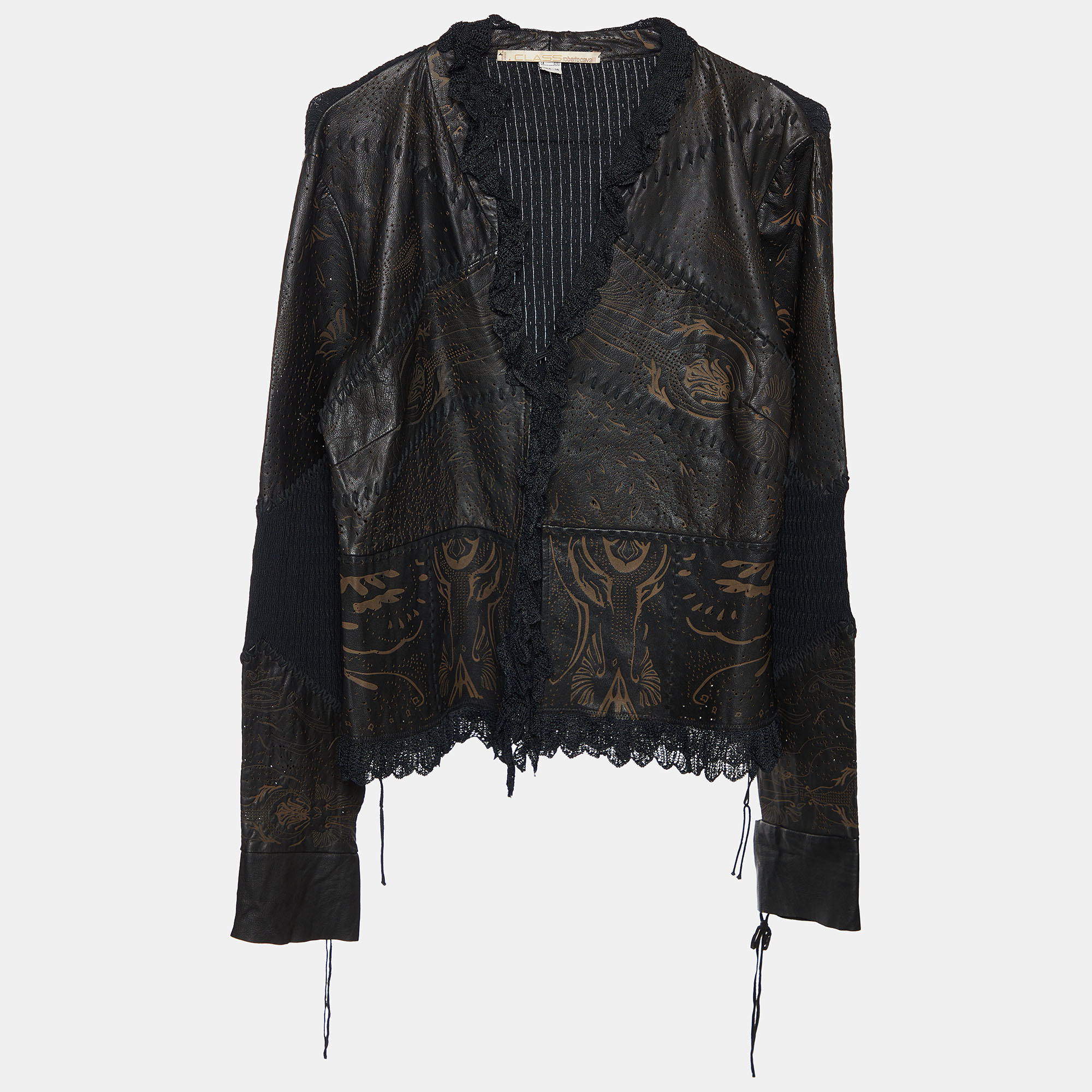 

Class by Roberto Cavalli Brown Leather & Knit Ruffled Jacket