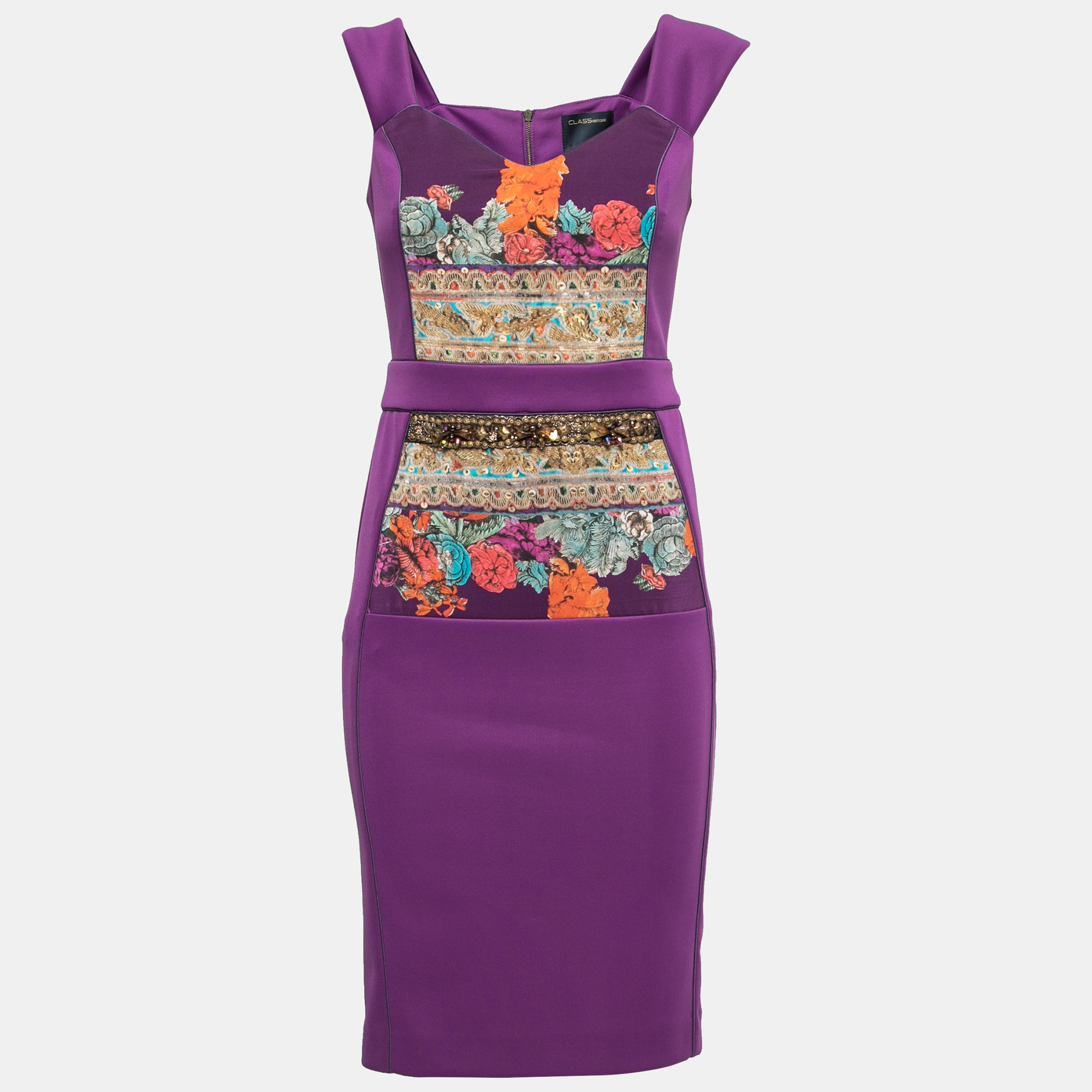 Class By Roberto Cavalli Purple Jersey Floral Applique Beaded Bodycon Dress M