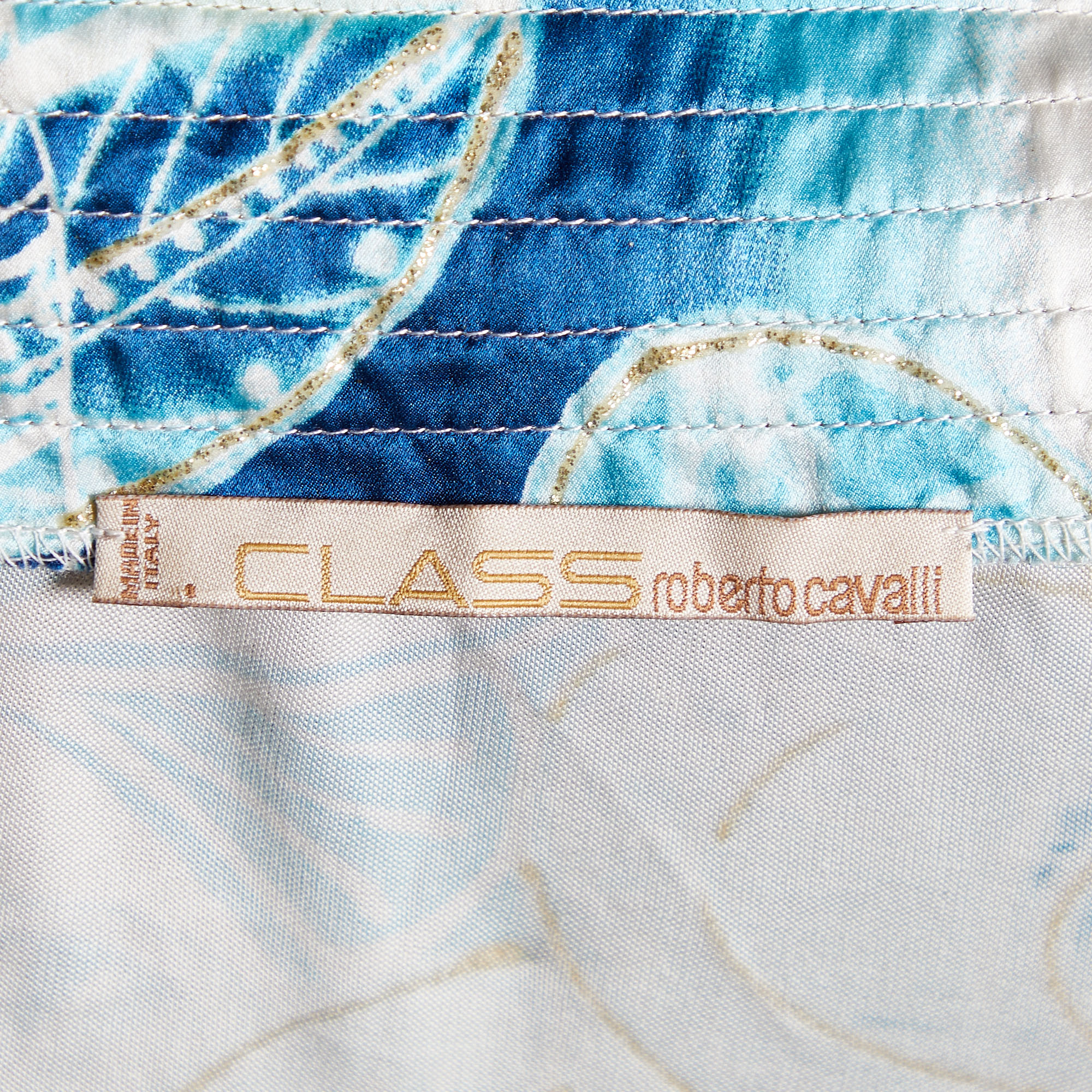 Class By Roberto Cavalli Blue Printed Jersey Waist Tie Detail Top L