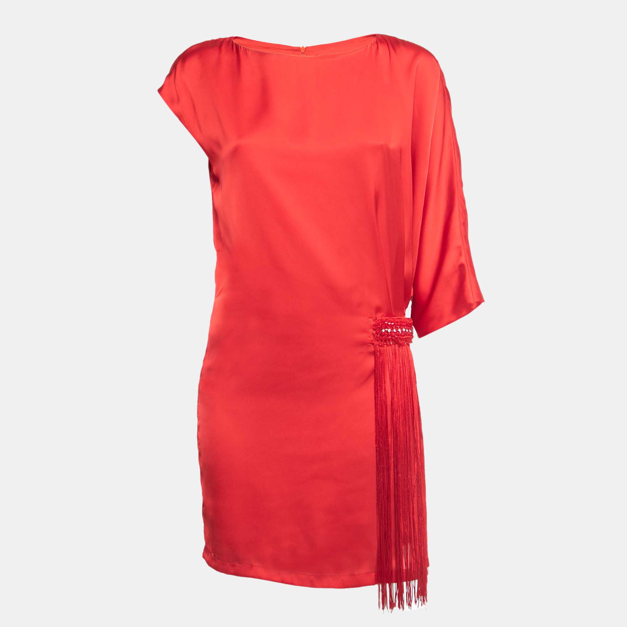 Class by roberto cavalli red satin fringed detail tunic dress m