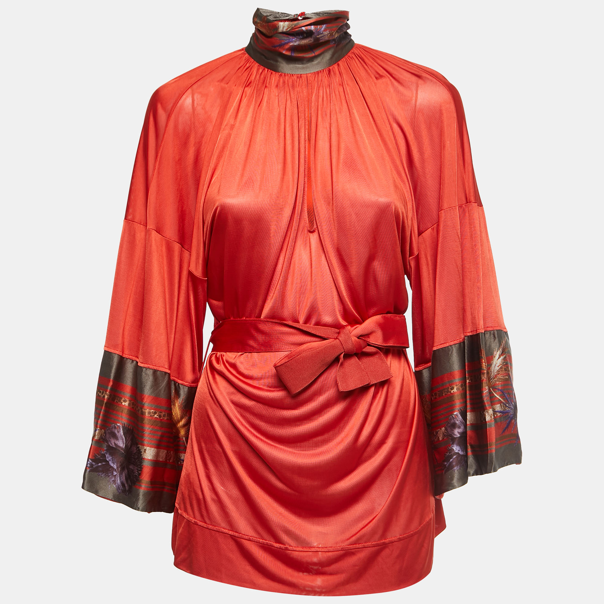 Class By Roberto Cavalli Brick Red Jersey & Silk Belted Top M