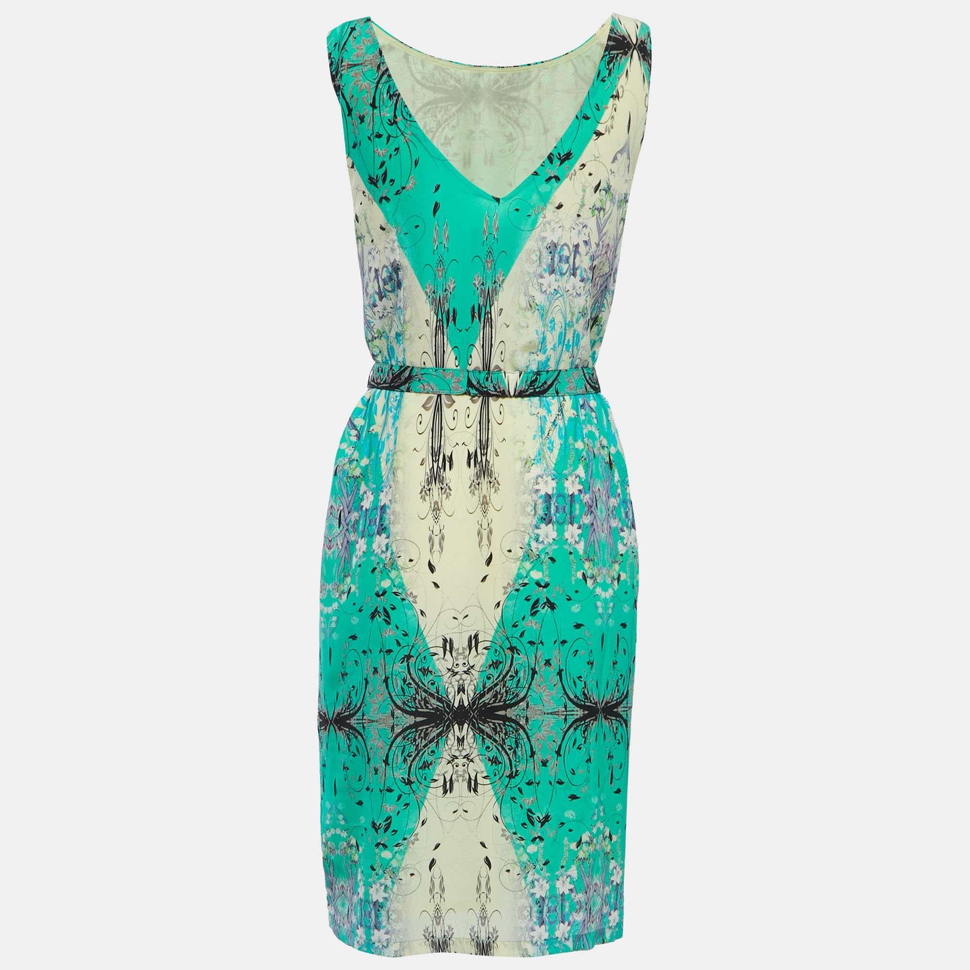 

Class by Roberto Cavalli Green Print Silk Belted Sleeveless Short Dress