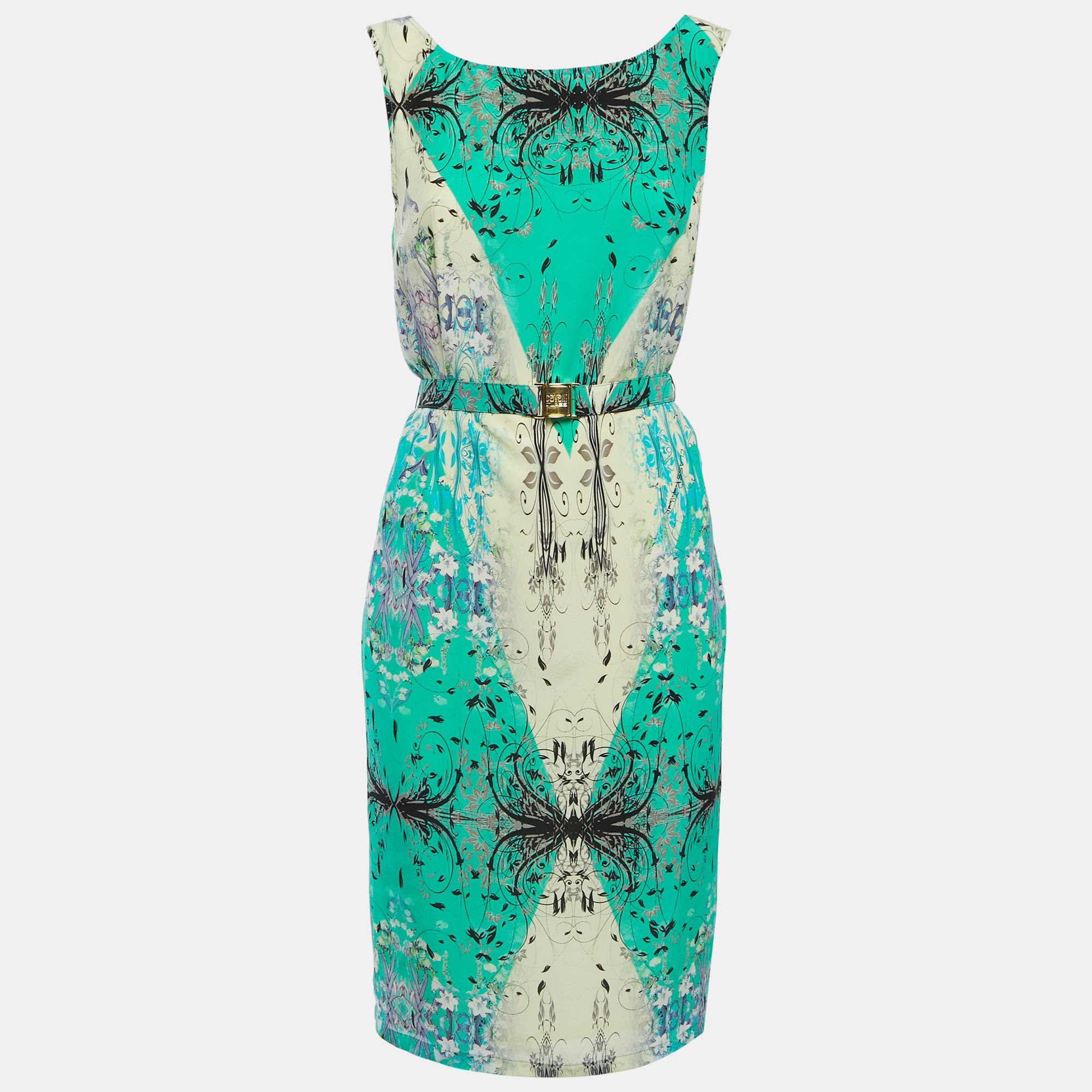 Class By Roberto Cavalli Green Print Silk Belted Sleeveless Short Dress M