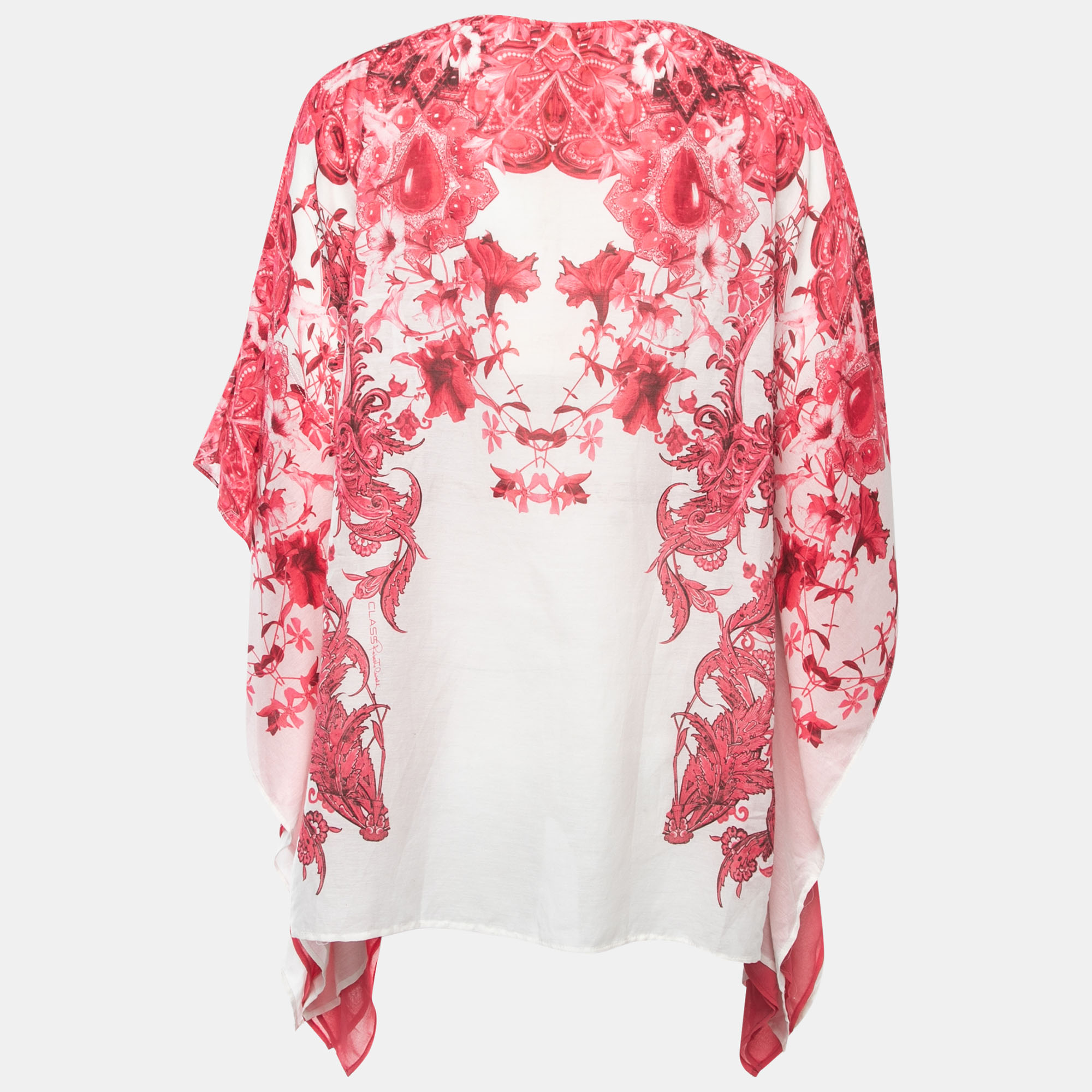 

Class by Roberto Cavalli White/Pink Floral Print Cotton Blend Belted Kaftan Top