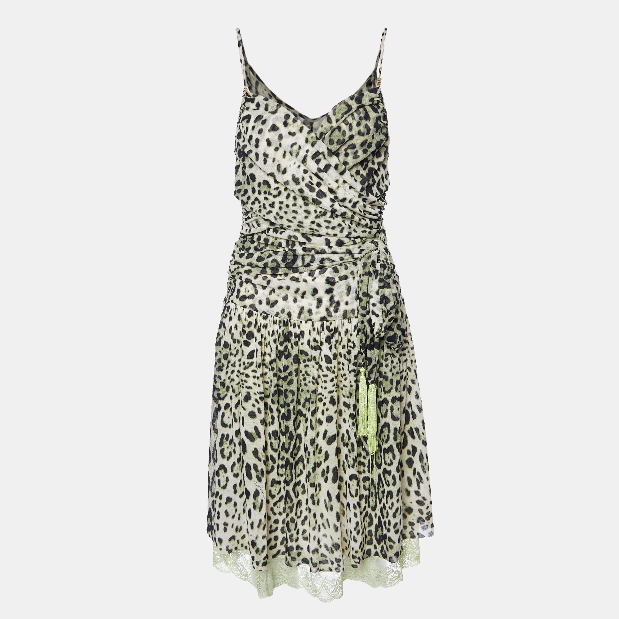 Class By Roberto Cavalli Green Animal Printed Jersey Knit Ruched Mini Dress M