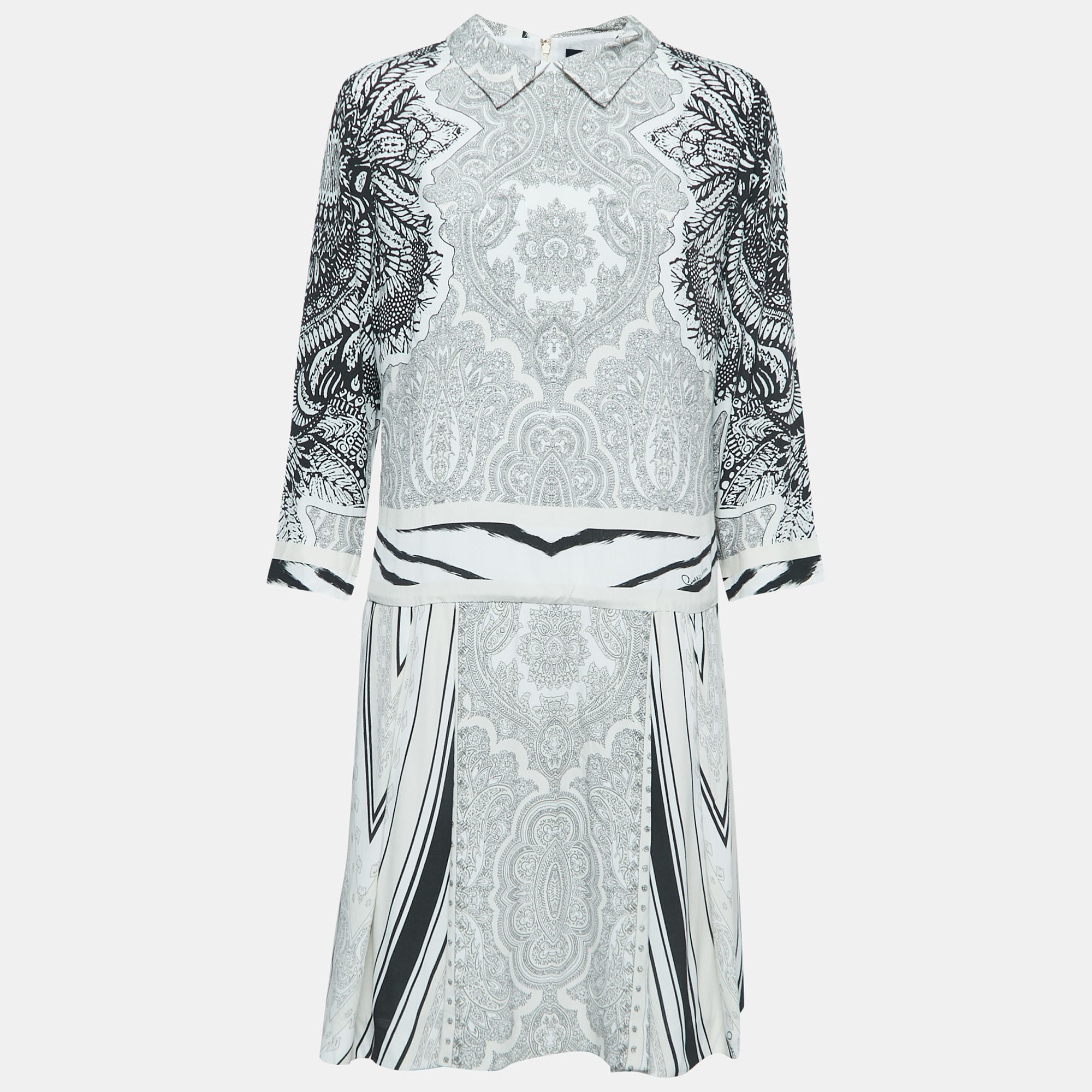 Class By Roberto Cavalli Black/Beige Printed Crepe Collared Dress XL