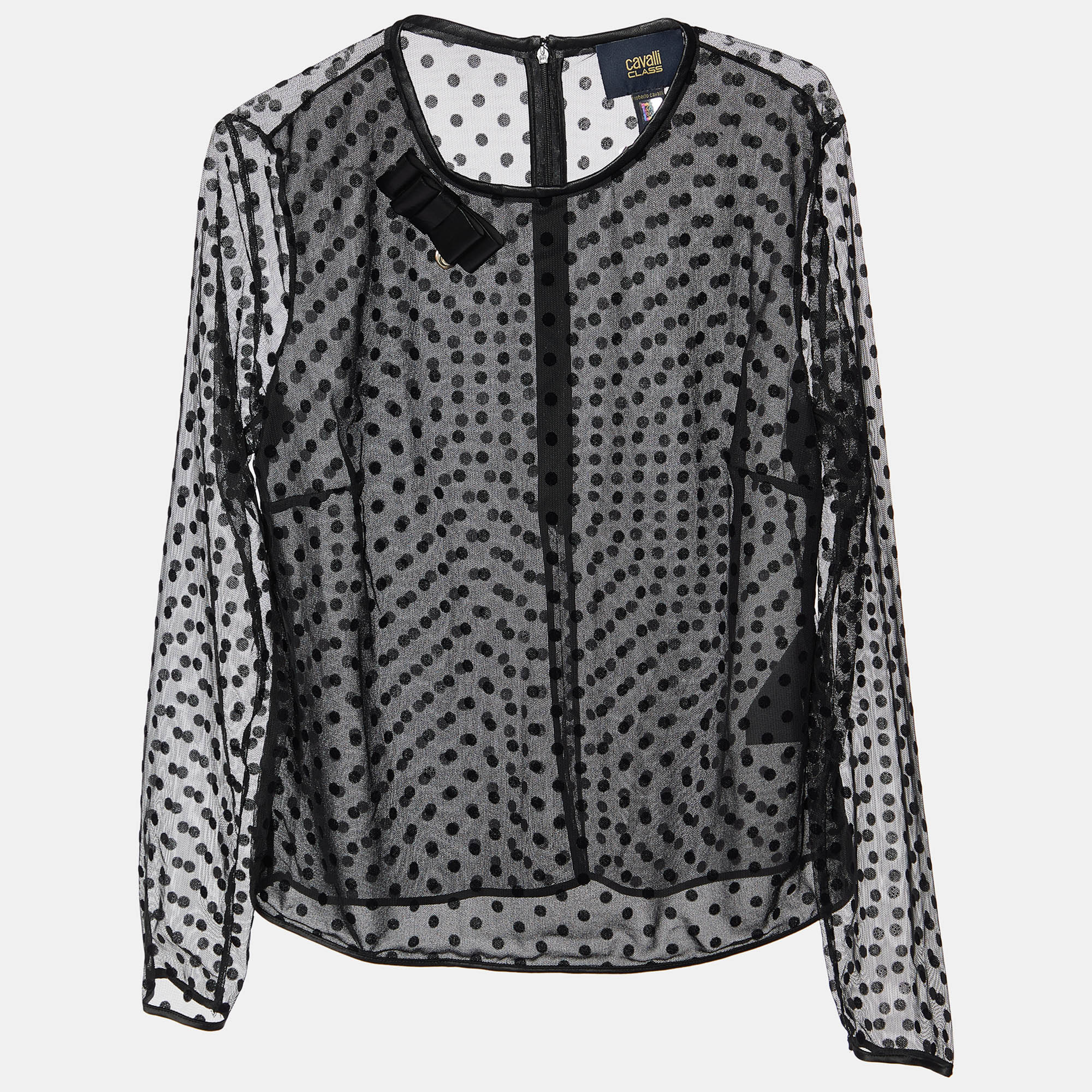 Class by roberto cavalli black flock dotted tulle sheer blouse m