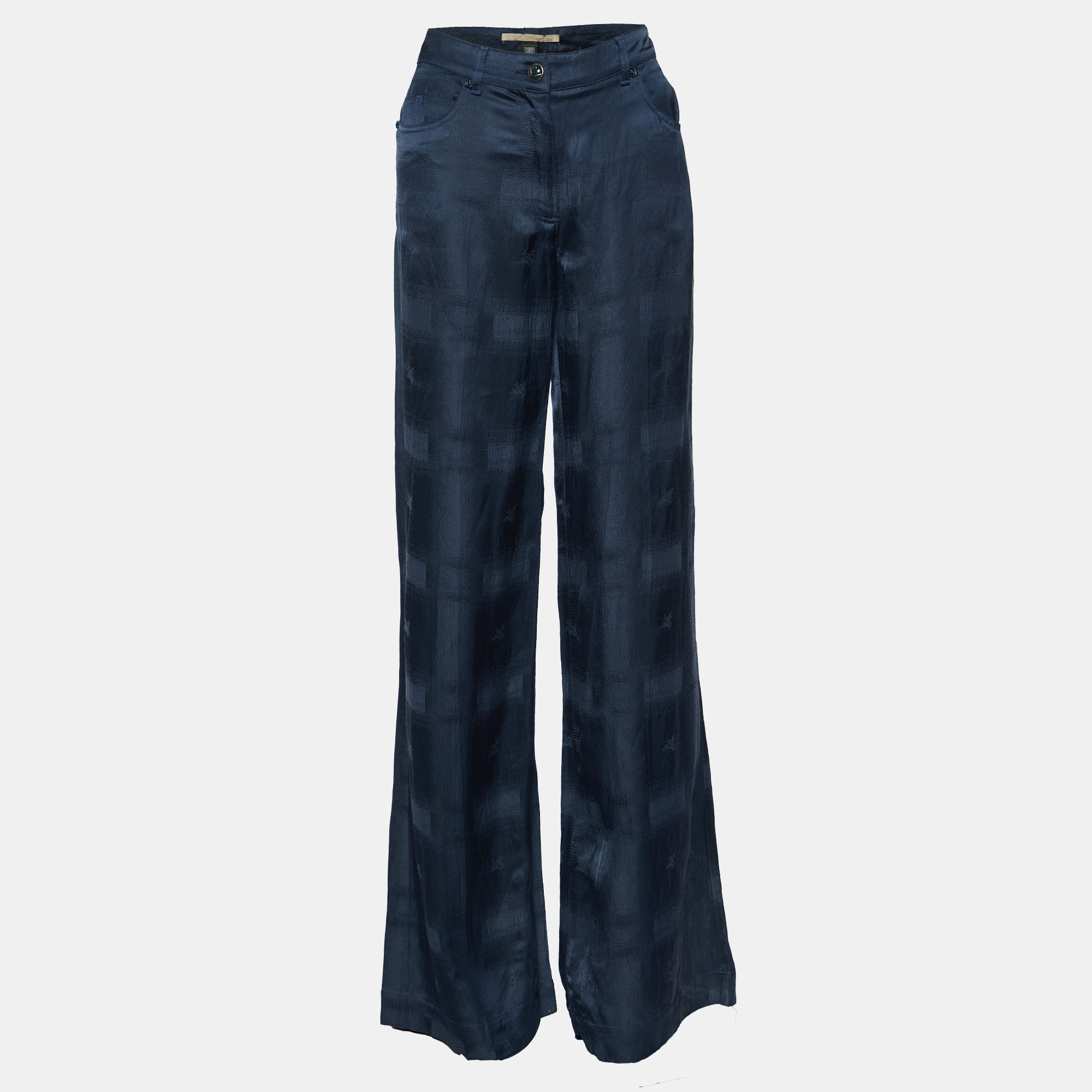 

Class by Roberto Cavalli Navy Blue Textured Linen Blend Flared Trousers
