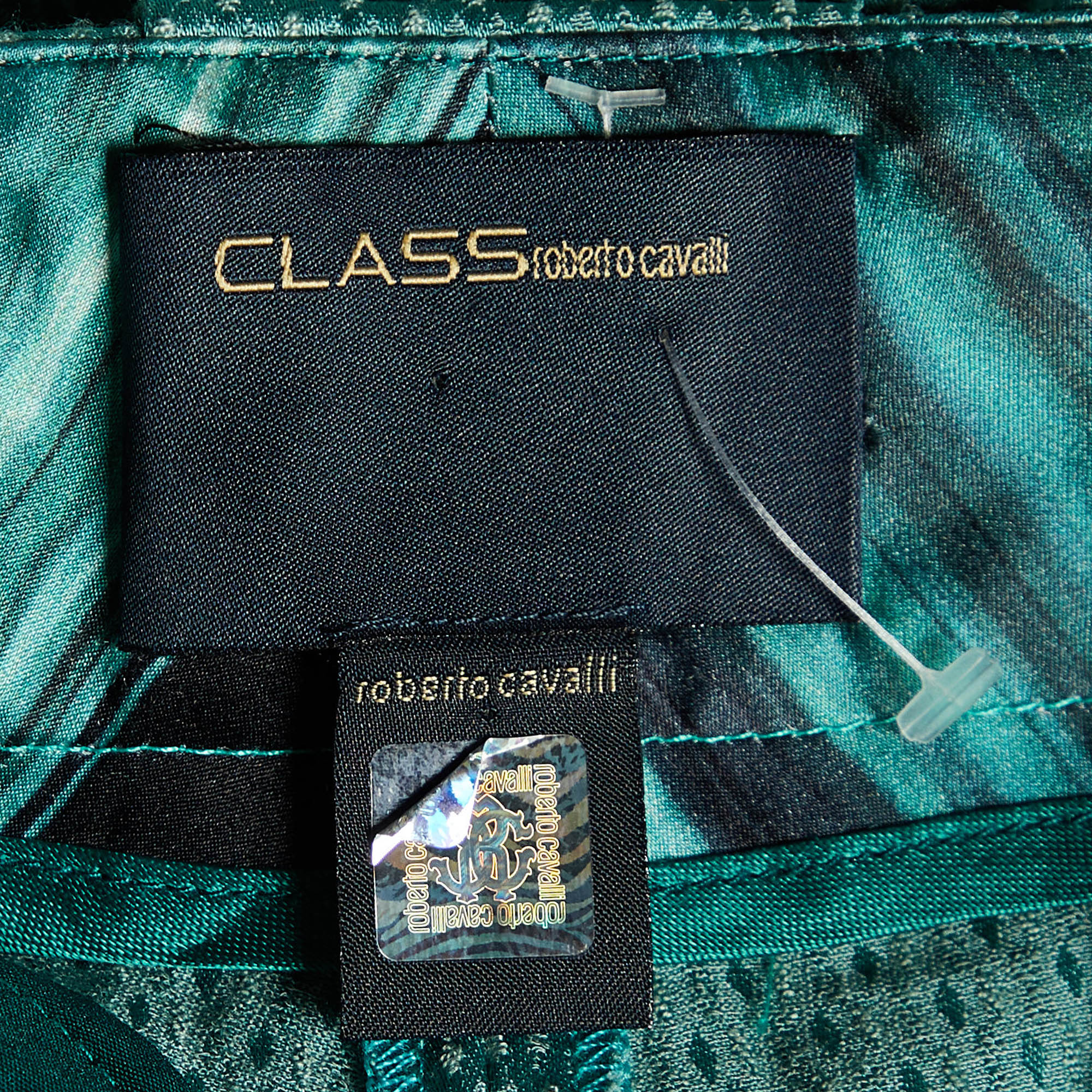 Class By Roberto Cavalli Green Textured Satin Flared Trousers M