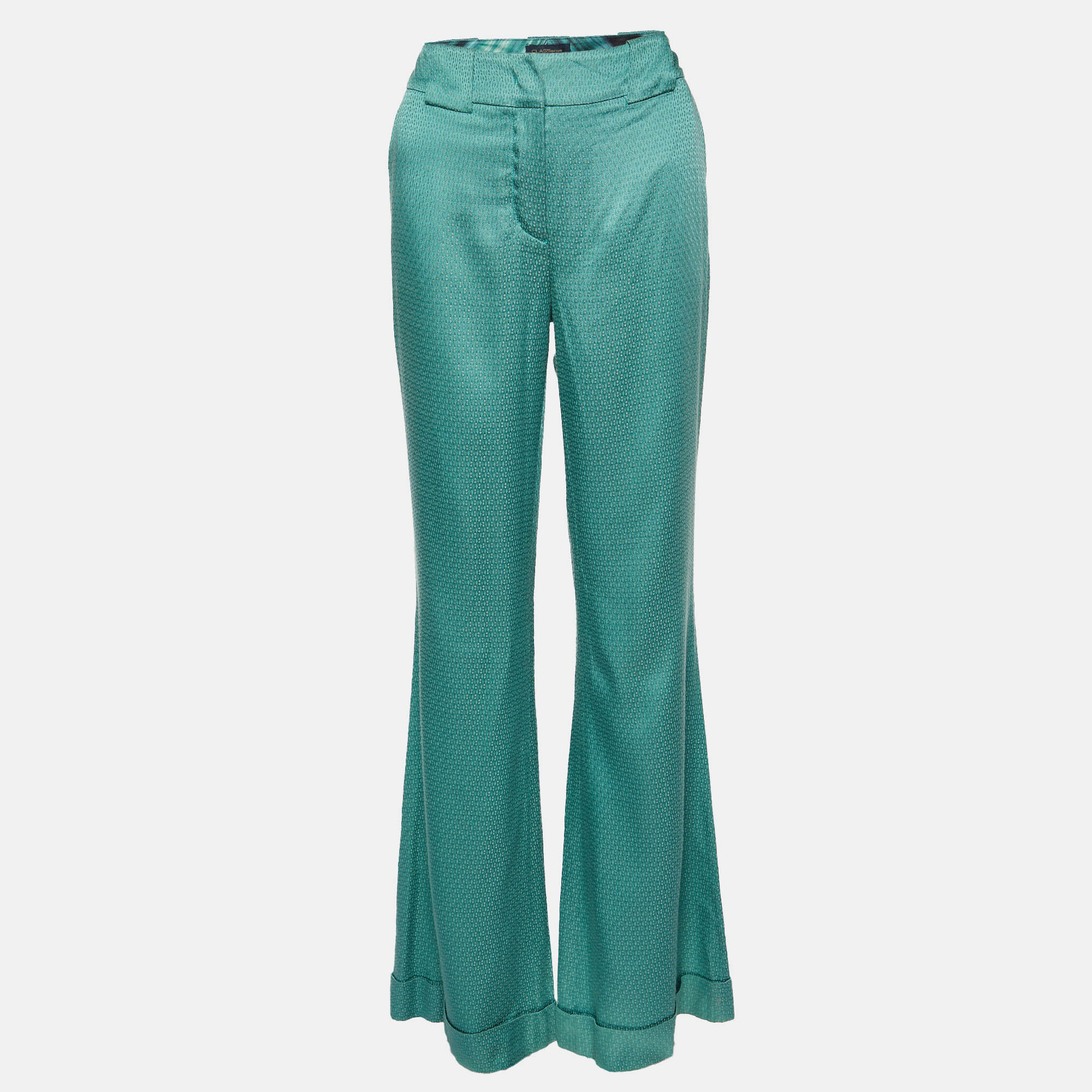 Class By Roberto Cavalli Green Textured Satin Flared Trousers M