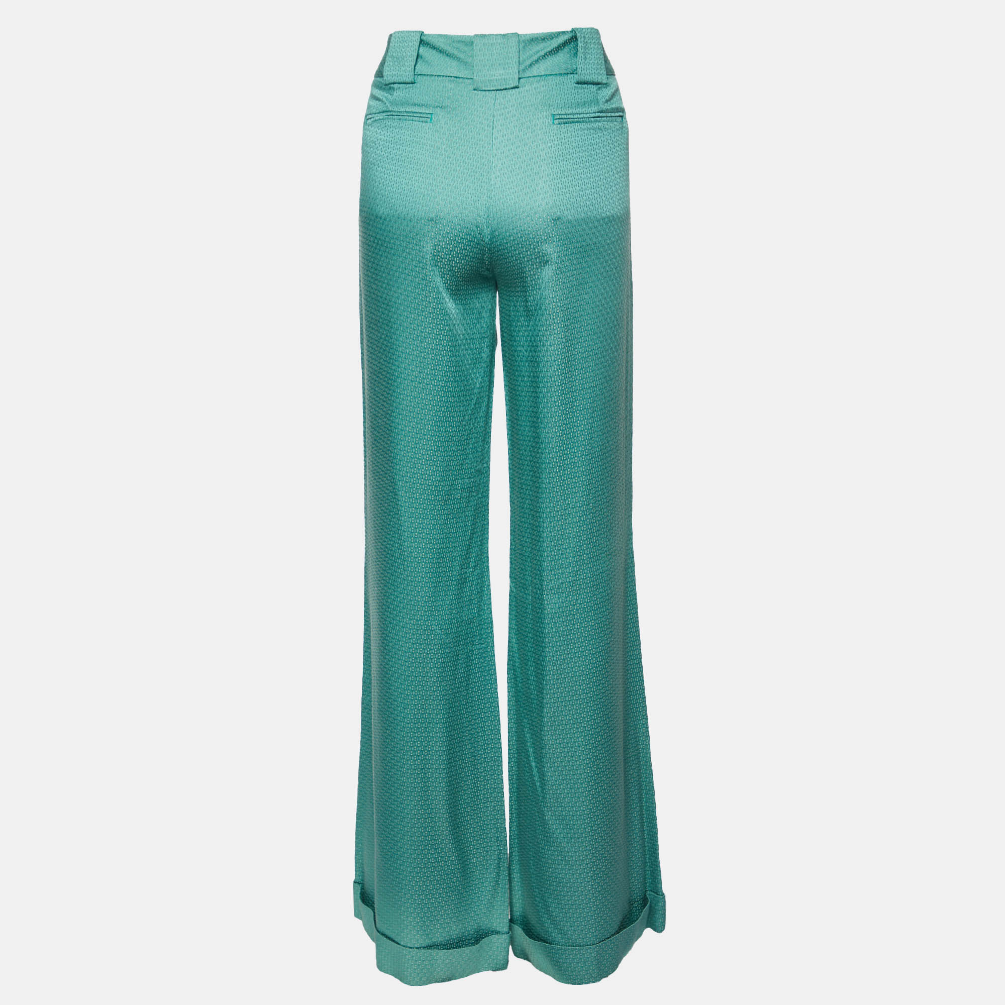 Class By Roberto Cavalli Green Textured Satin Flared Trousers M