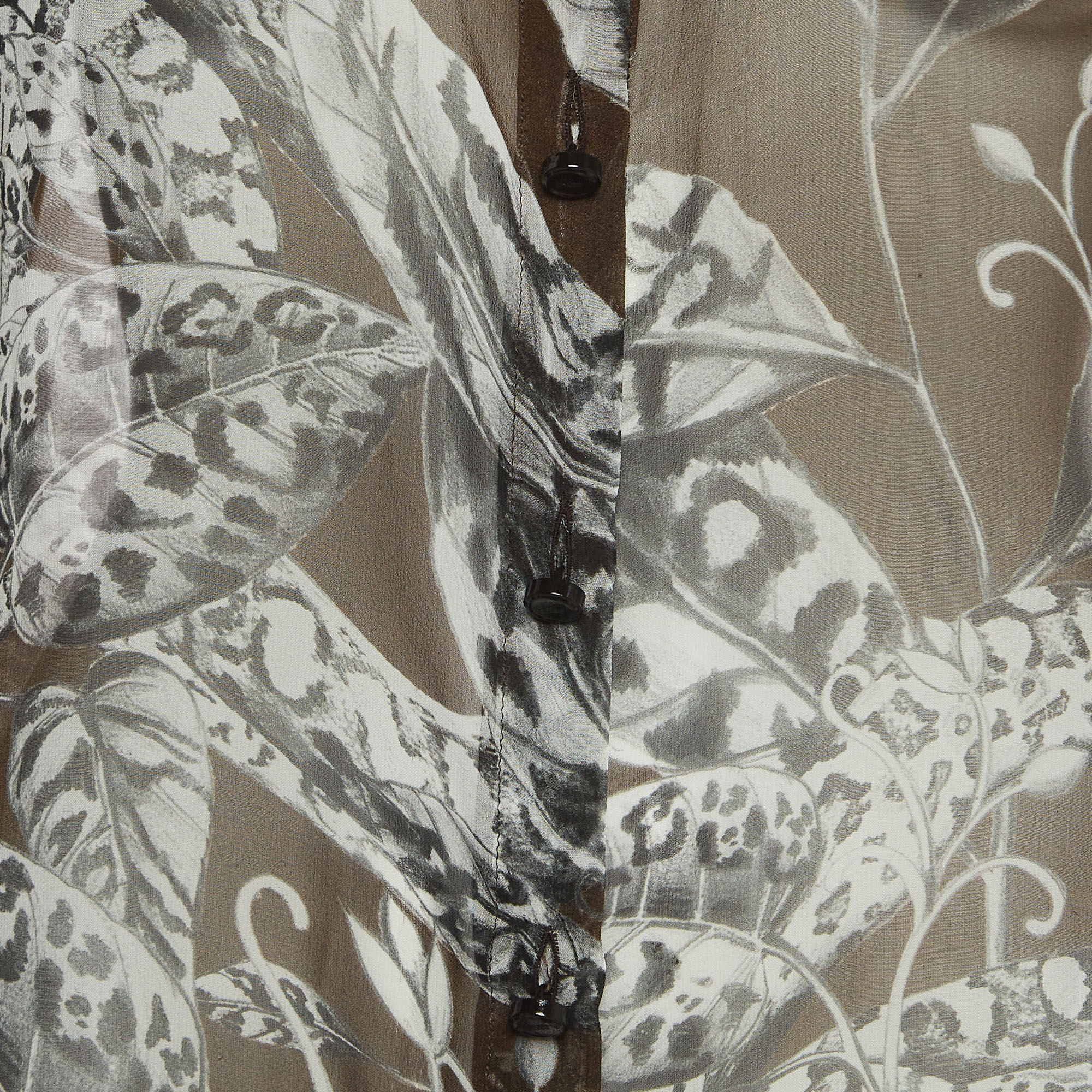 Class By Roberto Cavalli Brown Floral Print Silk Ruffled Semi Sheer Shirt L