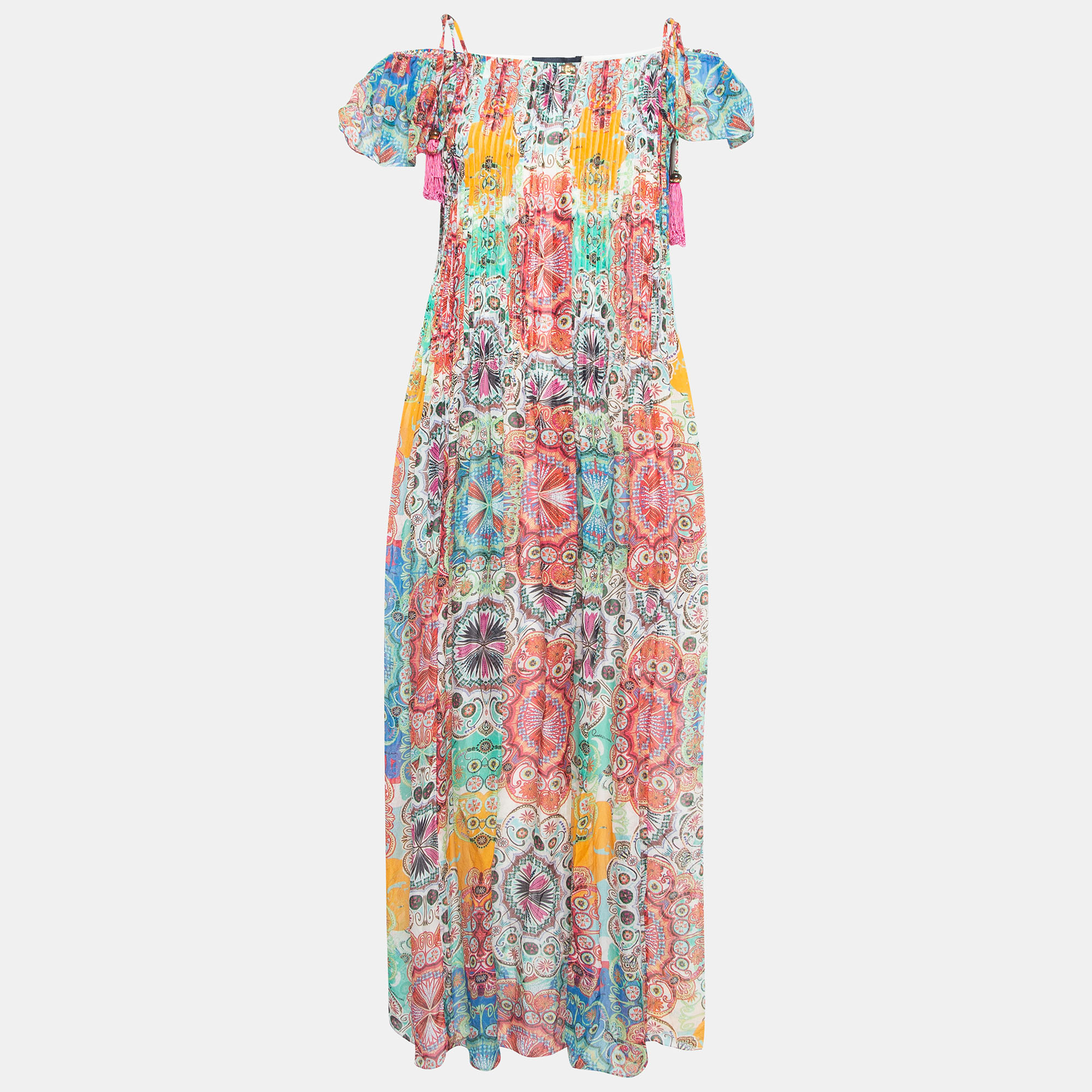 Class by roberto cavalli multicolor printed silk pleated flutter sleeve maxi dress m