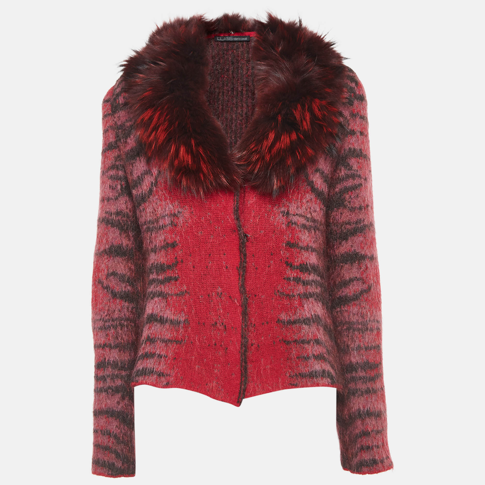 Class by roberto cavalli red animal pattern fur trim collar jacket m