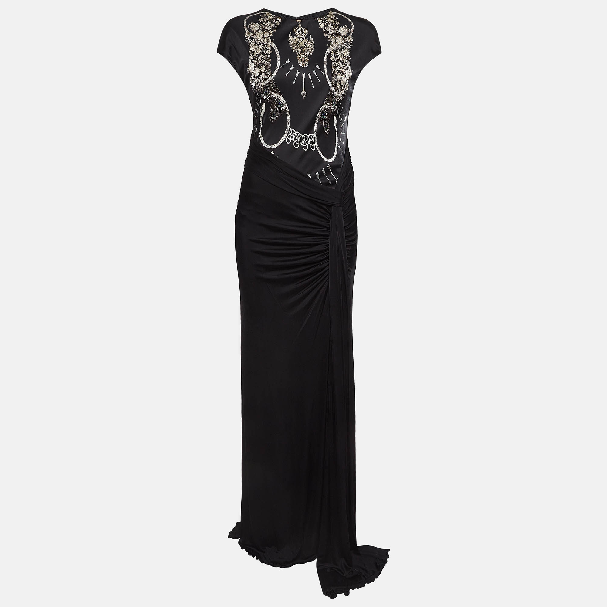 Class by roberto cavalli black printed jersey ruched sleeveless maxi dress m