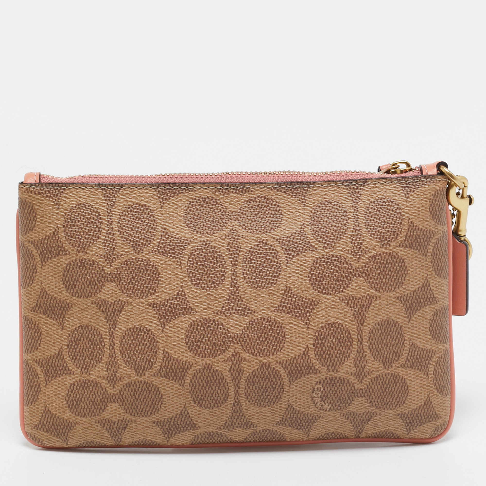 Coach Beige/Peach Signature Coated Canvas And Leather Zip Wristlet Pouch