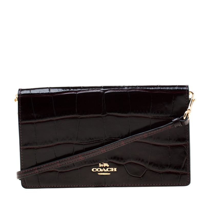 Image of Coach Burgundy Croc Embossed Leather Clutch Bag