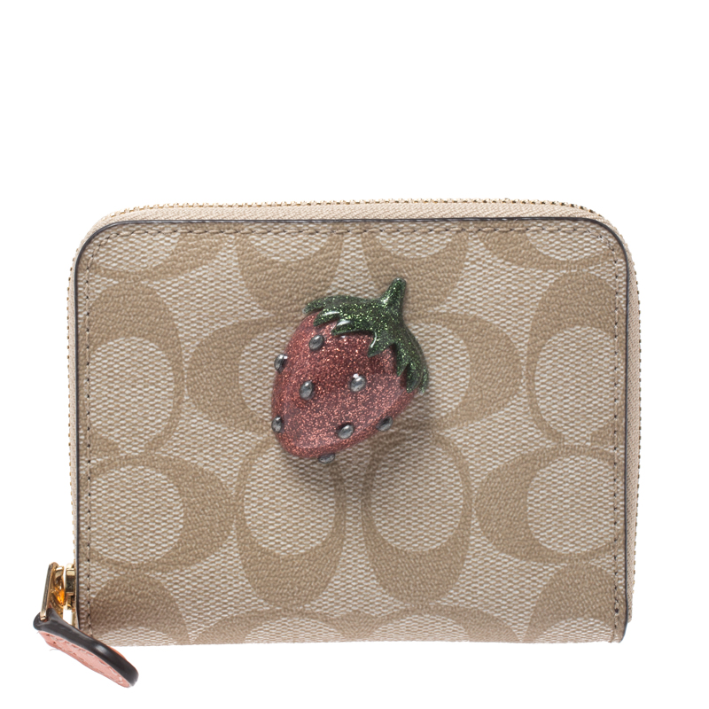 Image of Coach Beige Signature Coated Canvas Strawberry Zip Around Wallet