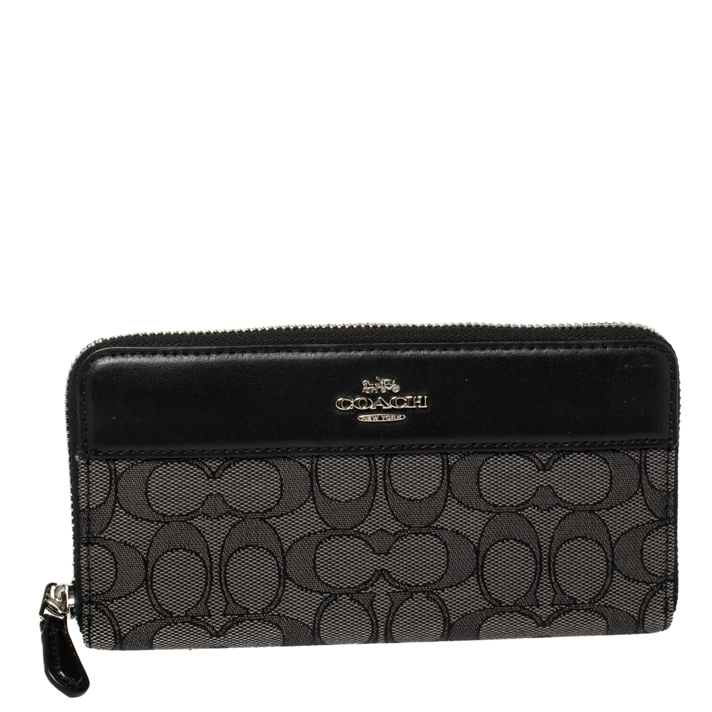 Image of Coach Grey/Black Signature Canvas and Leather Zip Around Wallet