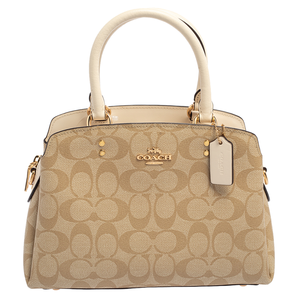 Coach Beige Signature Canvas and Leather Mini Lillie Carryall Satchel