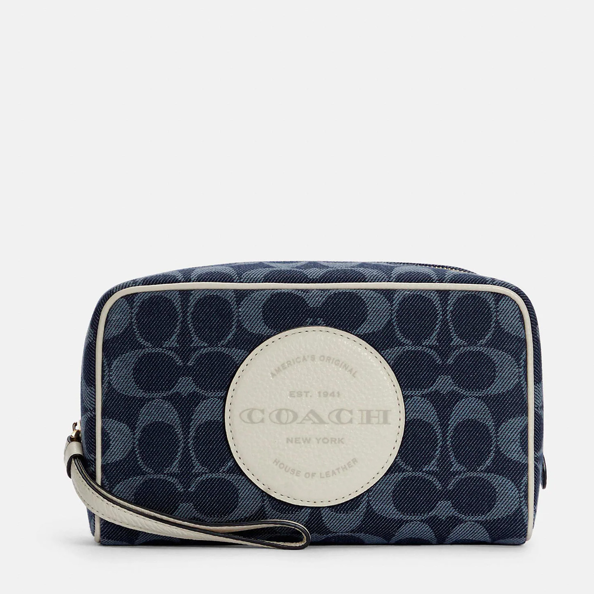 Coach Blue/White Signature Denim And Leather Dempsey Boxy Cosmetic Case