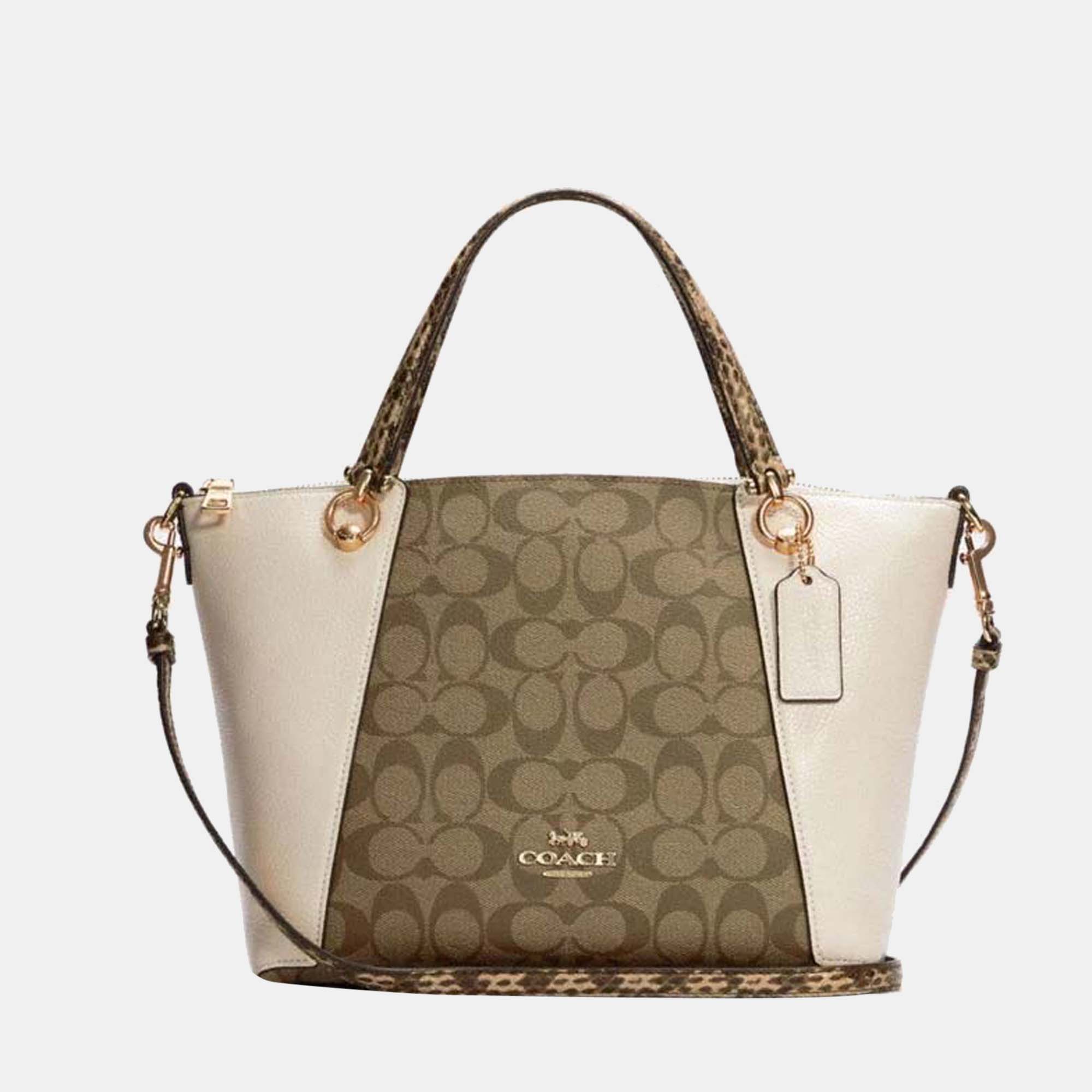 Coach White/Brown Signature Canvas & Snake Embossed Leather Kacey Satchel Bag