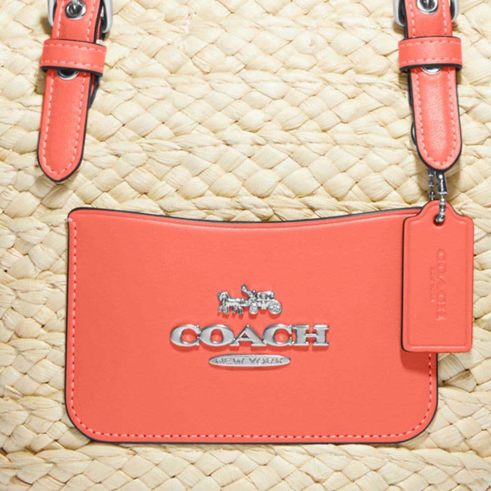 Coach Orange Straw & Leather Small Tote Bag